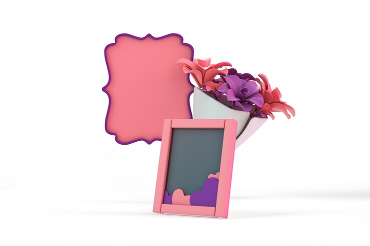 Foto gratuito ramo de flores y marcos lado derecho en fondo blanco.