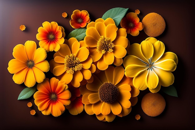 Un ramo de flores naranjas con un fondo oscuro.