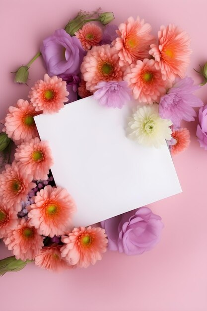 ramo de flores sobre un fondo rosa con una tarjeta blanca