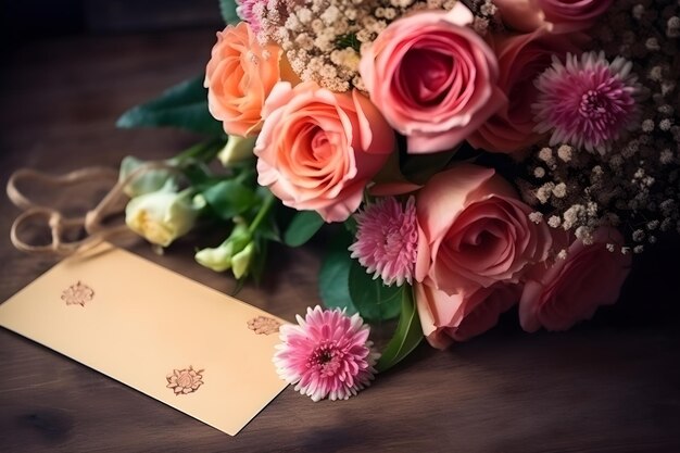 Un ramo de flores con una tarjeta sobre la mesa para el día de la madre.