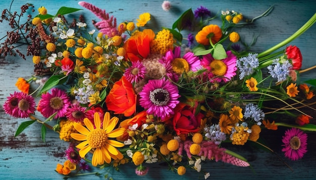 Foto gratuita ramo multicolor de flores frescas en madera generado por ia
