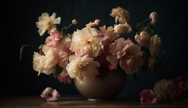 Un ramo de peonías frescas trae romance a la decoración de la mesa generada por IA