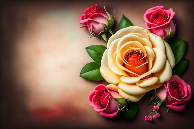Un ramo de rosas con una rosa rosa y blanca en la parte superior.