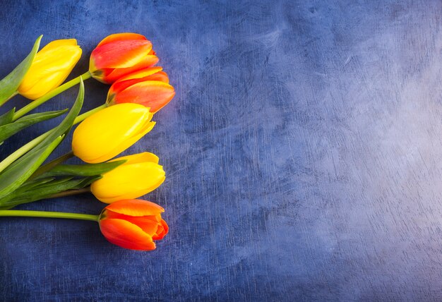 Ramo de tulipanes brillantes en mesa azul