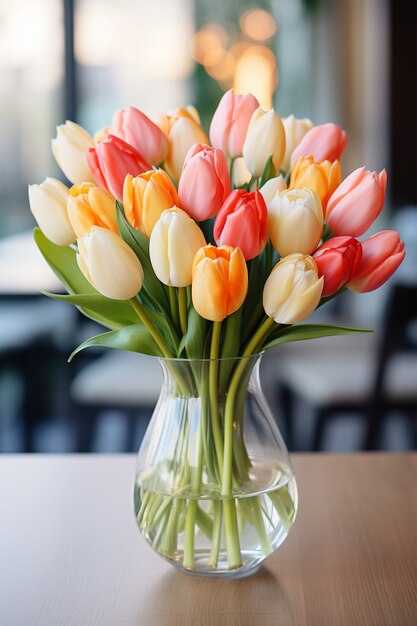 Ramo de tulipanes en jarrón transparente.
