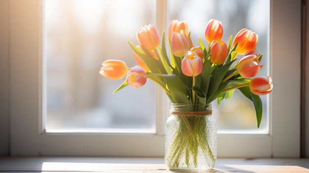 Ramo de tulipanes en jarrón transparente.