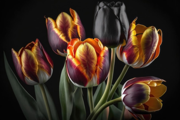 Ramo de tulipanes rojos en tonos vibrantes aislado sobre fondo borroso Flores de tulipán de primavera fresca flores en cartel floral horizontal Coloridas flores de primavera con hoja verde IA generativa