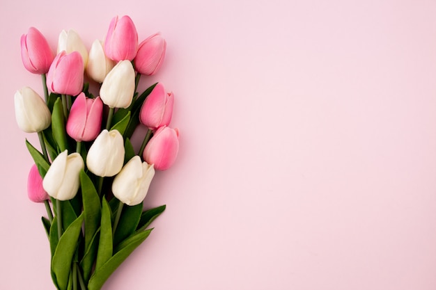 Ramo de tulipanes sobre fondo rosa con copyspace