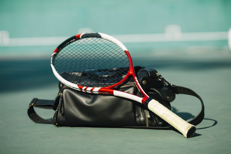 Foto gratuito raqueta de tenis con una bolsa en el campo de tenis