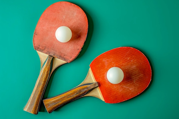 Foto gratuita raquetas de ping pong y pelota sobre fondo verde