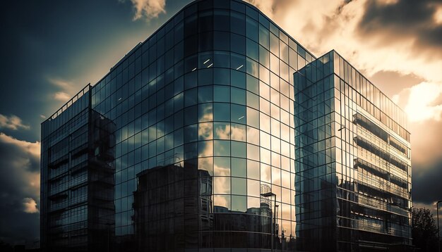 Rascacielos alto refleja el horizonte de la ciudad futurista al atardecer generado por IA