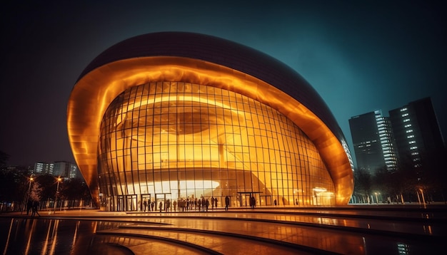 Rascacielos modernos iluminan el paisaje urbano futurista de Beijing al atardecer generado por IA