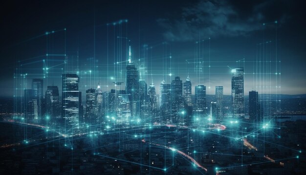 Rascacielos resplandecientes iluminan el paisaje urbano futurista por la noche generado por IA