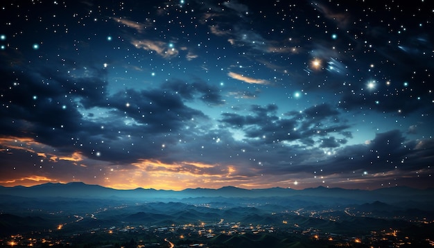 Un rastro de estrellas brillantes ilumina el pico de una montaña oscura en el cielo nocturno generado por inteligencia artificial