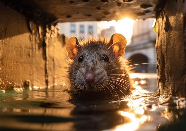 Rata en un sistema de alcantarillado de la ciudad