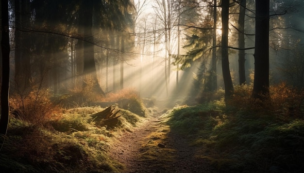 Foto gratuita rayos de sol en un bosque con árboles y un camino.