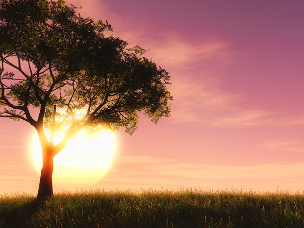 Árbol 3D contra un cielo al atardecer