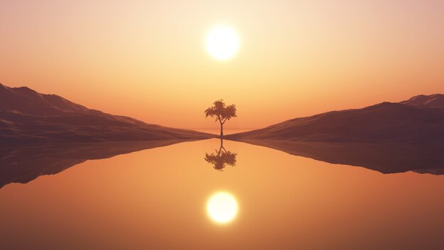 Árbol 3D contra el cielo del atardecer