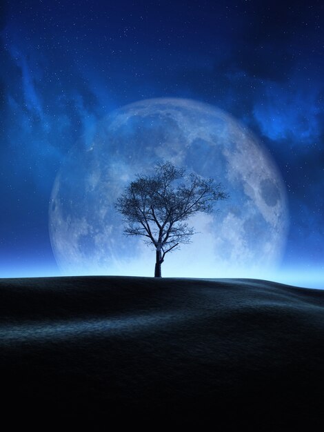 Árbol 3D contra un cielo nocturno de luna.