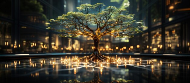 Árbol bonsái en una maceta con luces de fondo