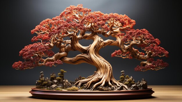 Árbol bonsai en maceta sobre mesa de madera