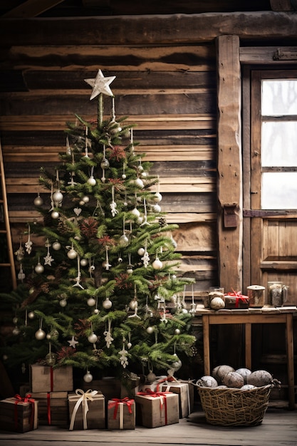 Árbol de Navidad bellamente decorado en cabaña de madera.