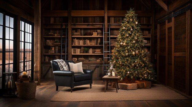 Árbol de Navidad bellamente decorado en cabaña de madera.