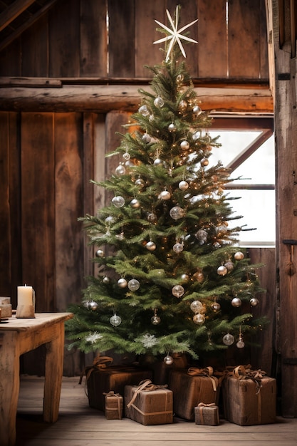 Árbol de Navidad bellamente decorado en cabaña de madera.