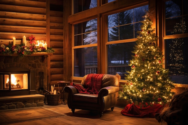 Árbol de Navidad bellamente decorado en cabaña de madera.