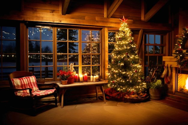 Árbol de Navidad bellamente decorado en cabaña de madera.