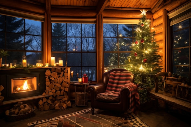 Árbol de Navidad bellamente decorado en cabaña de madera.