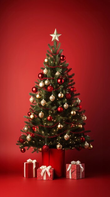 Árbol de Navidad bellamente decorado con cajas de regalo.