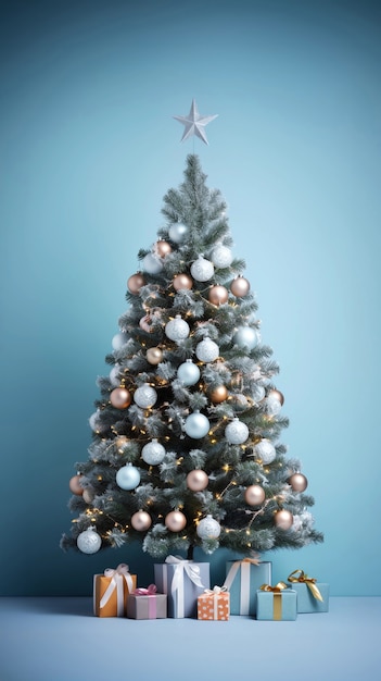 Árbol de Navidad bellamente decorado con cajas de regalo.