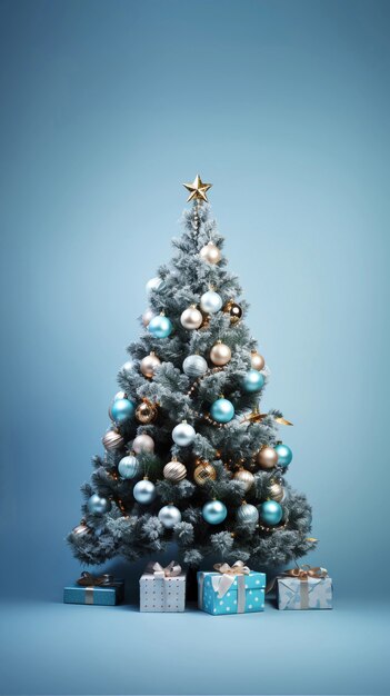 Árbol de Navidad bellamente decorado con cajas de regalo.