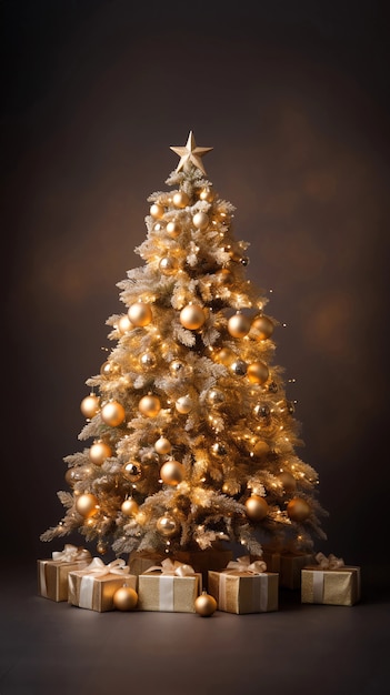 Árbol de Navidad bellamente decorado con cajas de regalo.