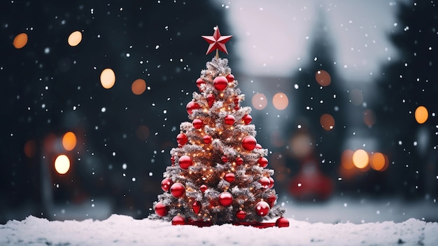 Árbol de Navidad bellamente decorado con nieve.