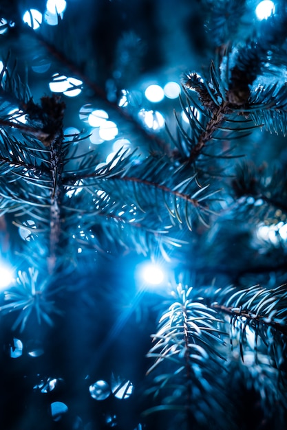 Árbol de Navidad con conos en una calle de la ciudad iluminada con una guirnalda.