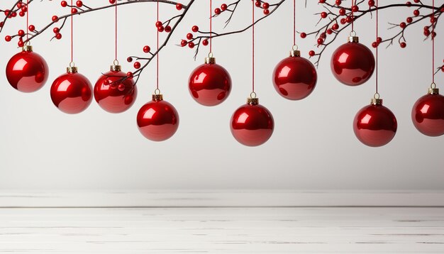 Árbol de Navidad decorado con adornos brillantes y copos de nieve sobre madera generado por inteligencia artificial