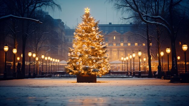 Árbol de Navidad decorado con adornos en un espacio público