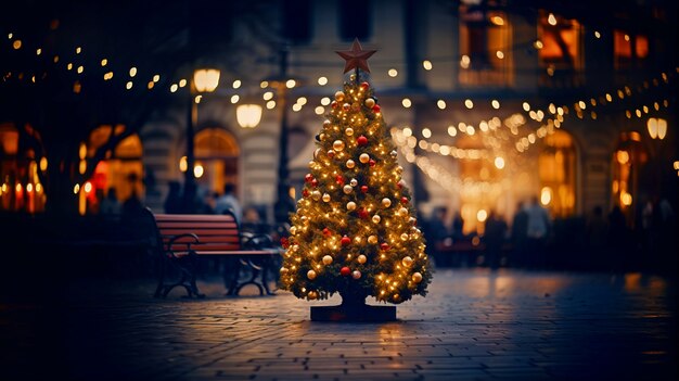 Árbol de Navidad decorado con adornos en un espacio público