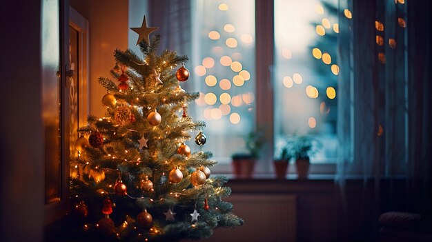 Árbol de navidad interior decorado con muchos adornos