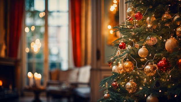 Árbol de navidad interior decorado con muchos adornos