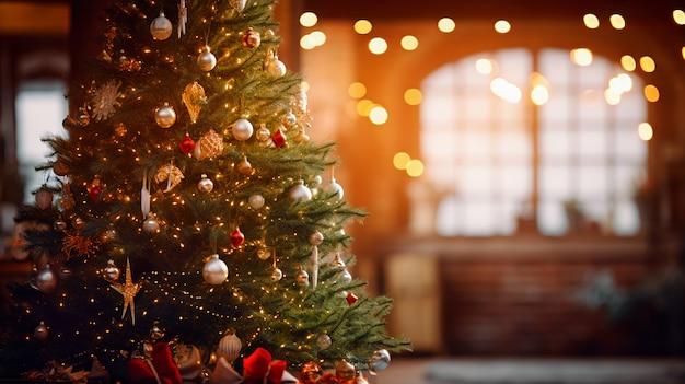 Árbol de navidad interior decorado con muchos adornos