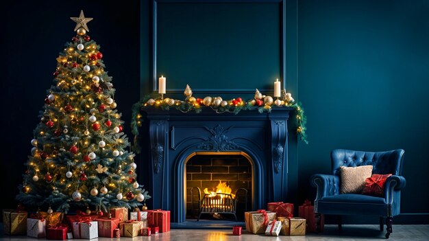 Árbol de navidad interior decorado con muchos adornos