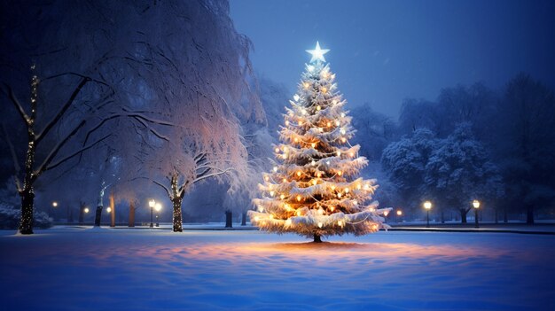 Árbol de Navidad en el parque nevado