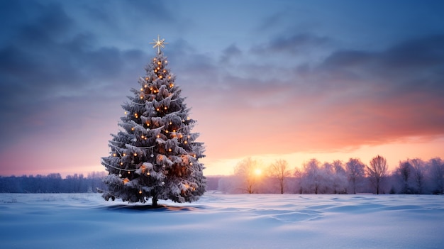 Árbol de Navidad en el parque nevado