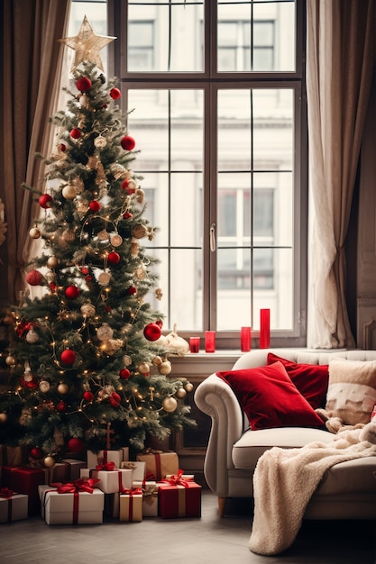 Árbol de Navidad y sofá en el salón.