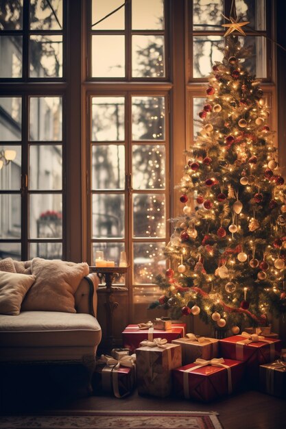 Árbol de Navidad y sofá en el salón.