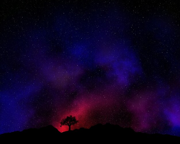 Árbol silueteado contra un cielo nocturno con nebula