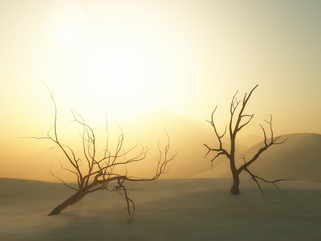Árboles muertos en 3D en el paisaje del desierto
